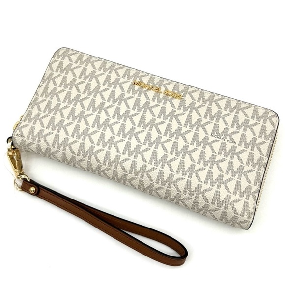Michael Kors Large Continental Wallet Wristlet Vanilla/Brown - Picture 1 of 10